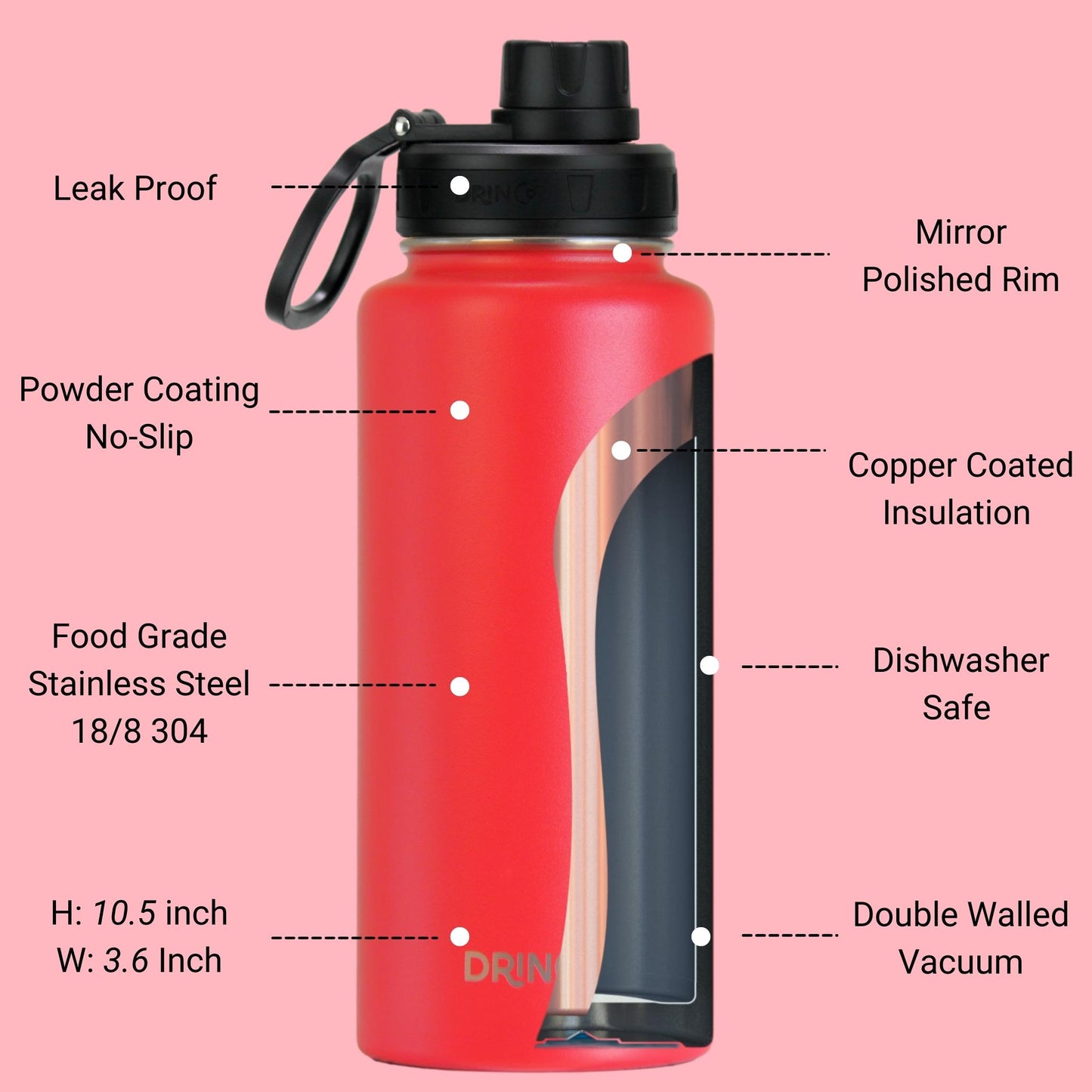 DRINCO 32oz Insulated Water Bottle — Barn Red