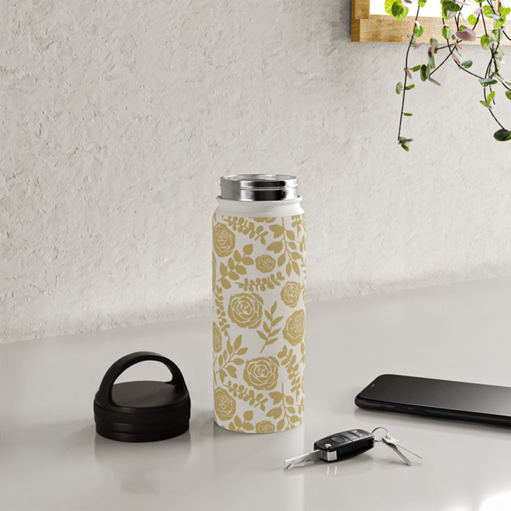 Gold Floral Handle-Lid Insulated Water Bottle
